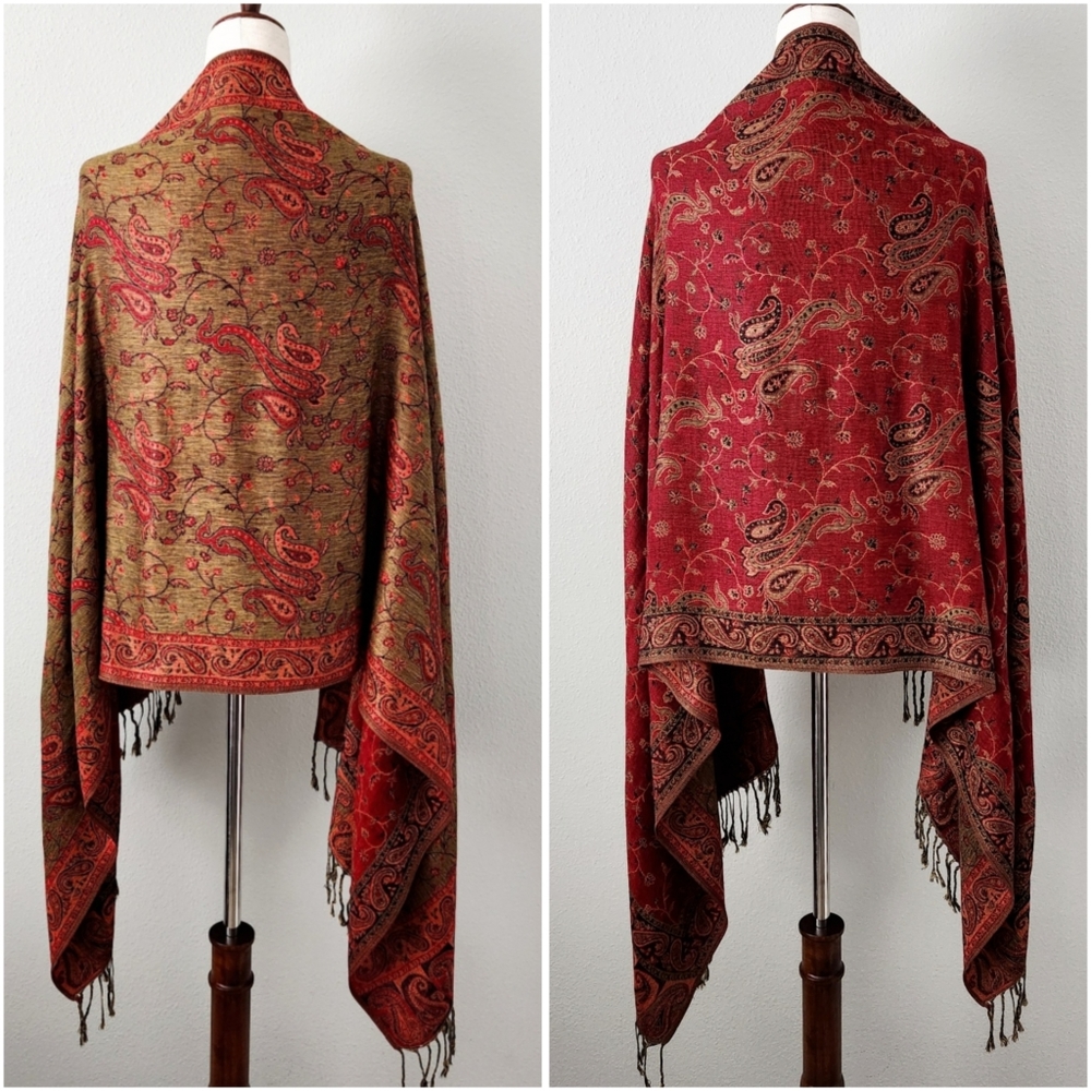 Beautiful Paisley Jewel Toned Reversible Scarf / Wrap With Fringe Trim - Picture 5 of 10